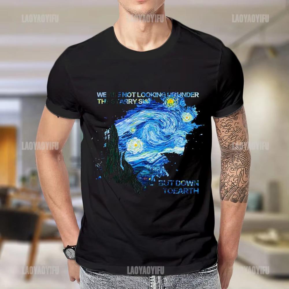 ClassicVintage Men T Shirt Vincent Van Gogh The Starry Night with Middle Earth Sauron Tower Printed Woman Tshirt Streetwear