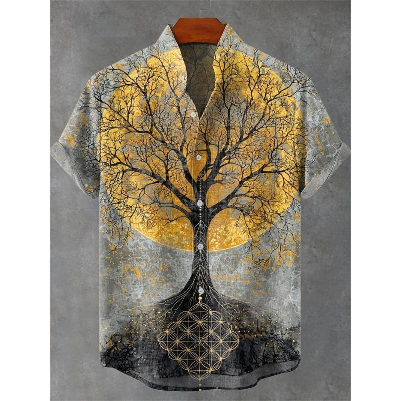 Men's Short Sleeve Shirt Vintage Ethnic Style Sunlight and Tree Illustration Art Wave Print Casual Linen Shirt,