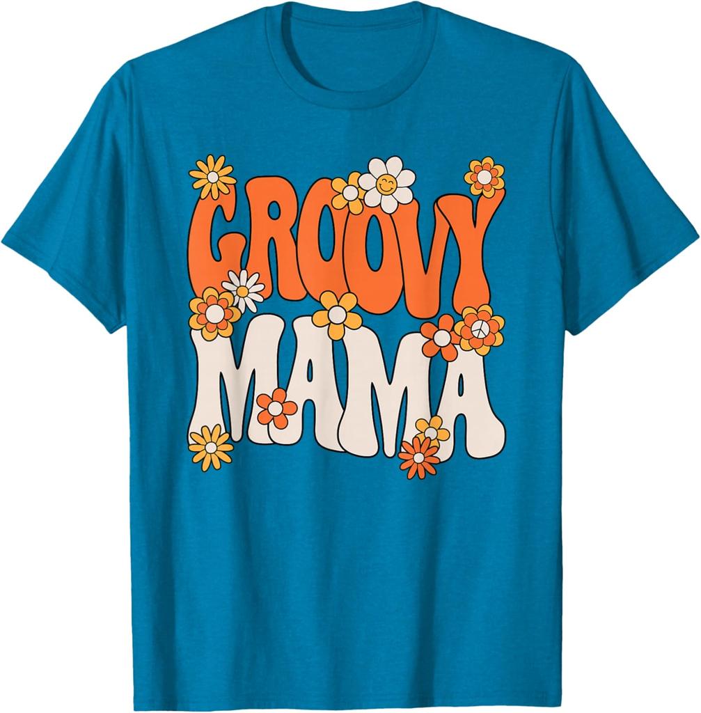 Groovy Mama Hippie 70s Retro Floral Print Cotton Graphic T-Shirt Casual Women Tee