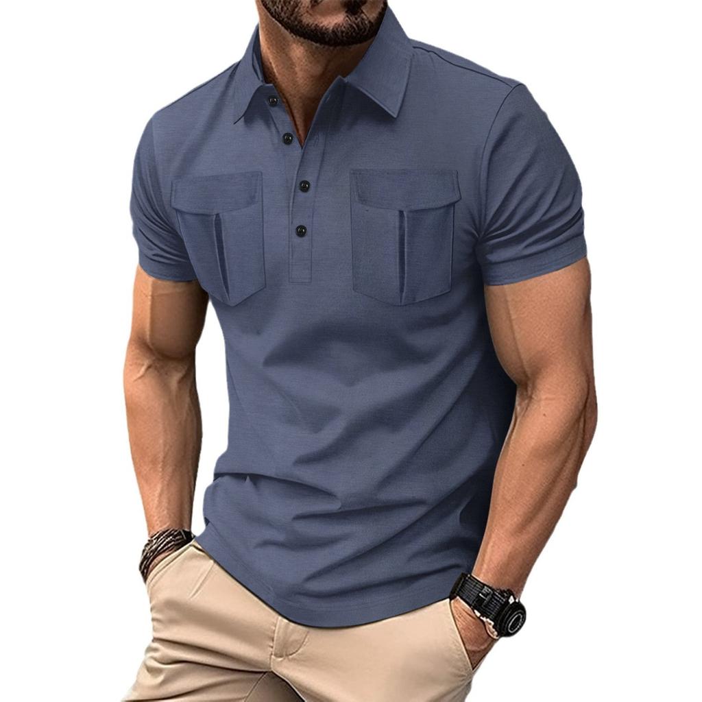 Men's Minimalist New Style Long Placket Button-Down Collar Double-Pocket Solid Colour Short-Sleeved Casual Polo Shirt