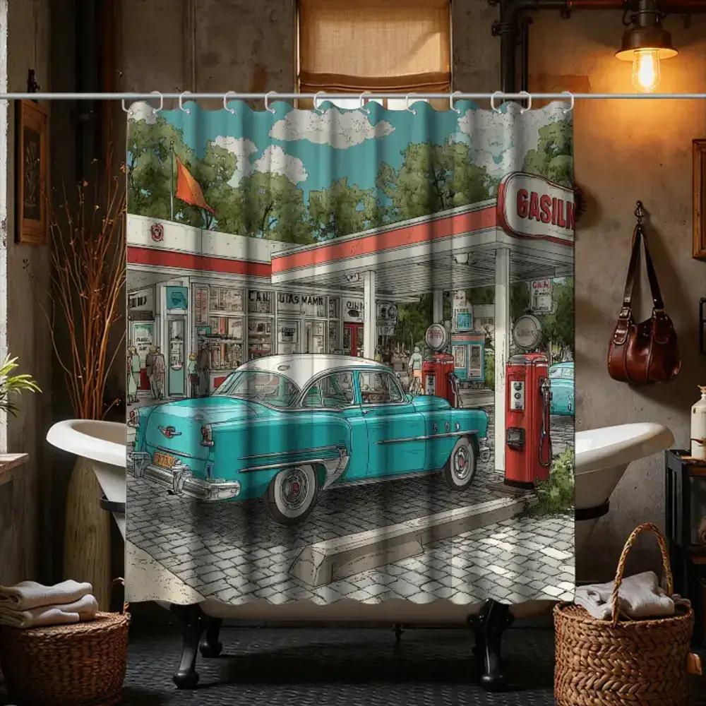 

1 Retro Car Show Bathroom Curtain | 180*180cm Polyester Sateen Unlined Curtain with 12 Hooks, All-season Home Decor 90x180cm