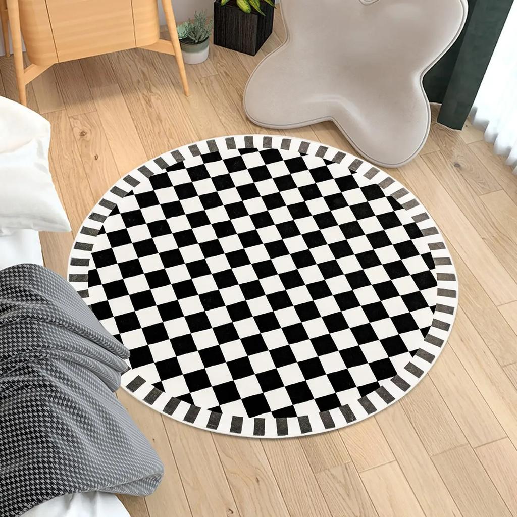 Checkerboard Plaid Round Carpet Geometric Floor Mat for Bedside Dorm Closet Dining Room Decor Soft Non-Slip Area Rugs Doormat
