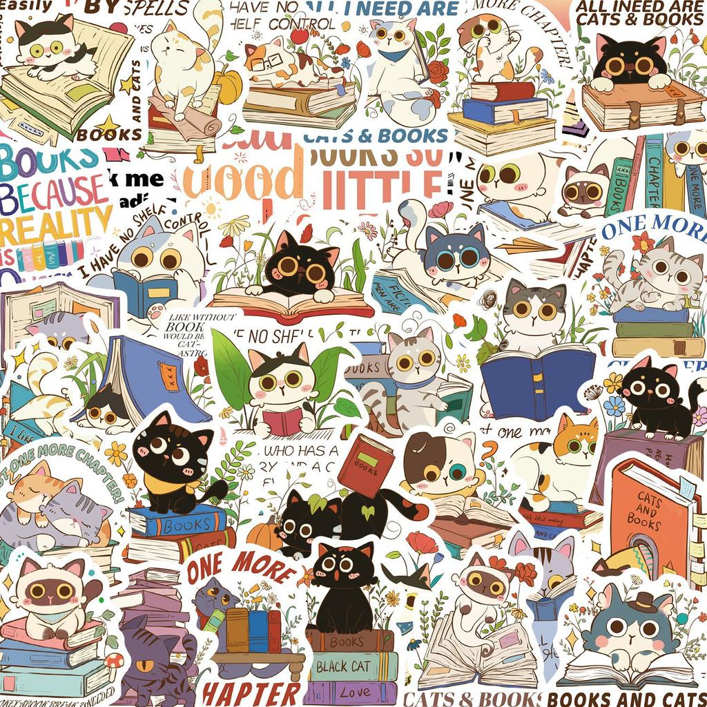 60 Hand-drawn Cartoon Cats and Books Doodle Stickers Decorate Guitar Notebook Suitcase DIY
