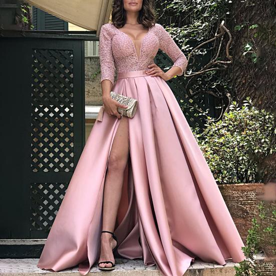 Deep V-Neck 45720 Sleeve Lace Splicing Waist Tight Mid-Rise Gown Dress Women Sequins
