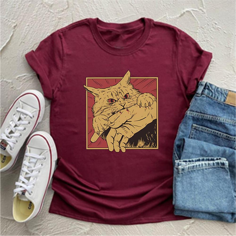 Vintage Cat Bite T Shirt Japanese Horror Anime Tshirt Horror Cat Tshirt Cats Crazy Shirts Unisex Retro Short Sleeve Tops