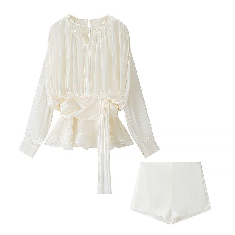 

Kaslead Новая женская одежда Западный стиль Мода Простой темперамент Досуг Топ с длинным рукавом Шорты Комплект Beige L