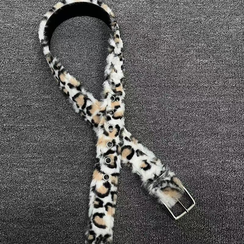 Meier Brown and white leopard print plush belt - unique y2k design, punk subculture streetwear waistband 106