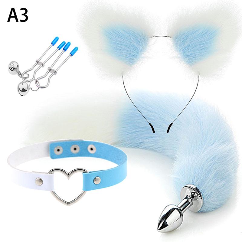 4Pcs Set Cute Fox Butt Tail Collar Anal Plug Nipple Clamp Soft Cat Ears Headbands Cosplay Adult Sex Toys Accessories