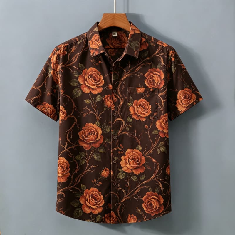 Pánská retro košile s krátkým rukávem a květinovým potiskem a kapsami, Elegantní retro styl, Pro dojíždění, Lehké dovolené, Rande
