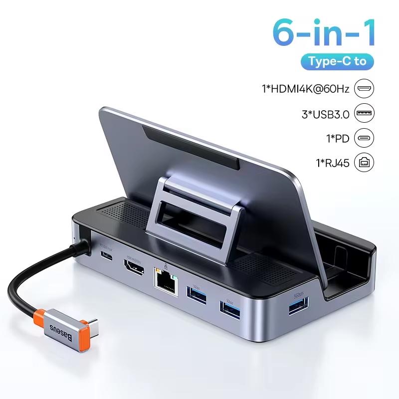 Док-станция Baseus USB C для Steam Deck Nintend Switch Игровой Тип C на HDMI 4K@60Hz RJ45 PD 100 Вт USB 3.0 6-в-1 Хаб Type C