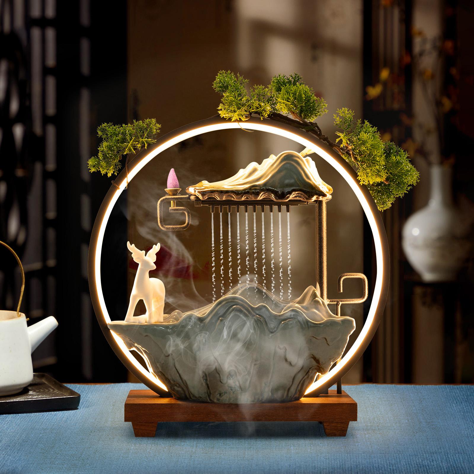 

Кімнатний світлодіодний водоспадний фонтан з генератором туману та теплим світлом - Настільний дзен-фонтан для дому/йоги (Мотив Оленя - Символ Щастя)