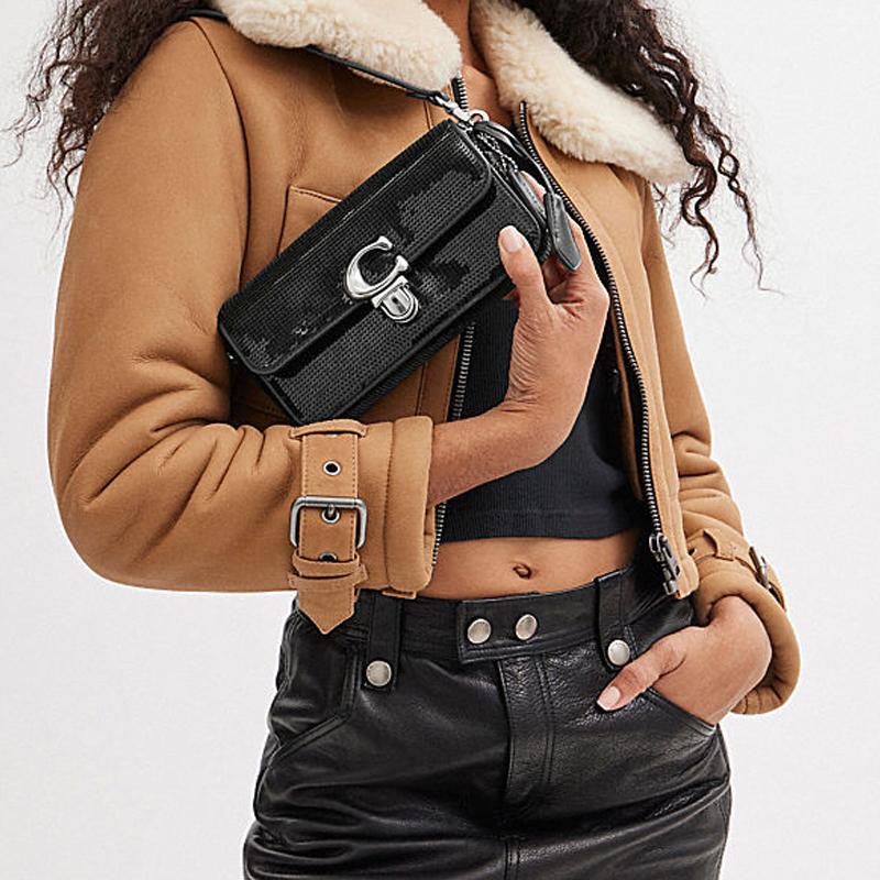 Coach Studio 20 Logo Sequin Leather Baguette Shoulder Bag Small Women Handbags Black CM428-LHBLK