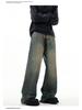 Autumn American Trend: Men's Loose Retro Yellow Mud-Dyed Straight Jeans, Washed & Distressed Wide-Leg Style