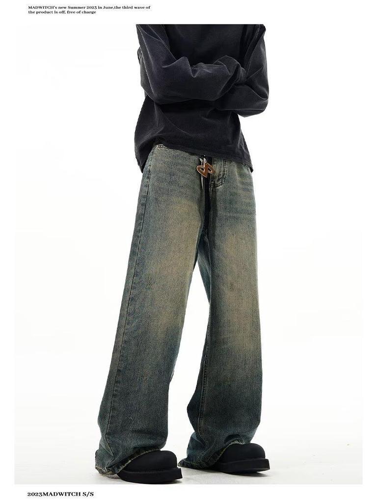 Autumn American Trend: Men's Loose Retro Yellow Mud-Dyed Straight Jeans, Washed & Distressed Wide-Leg Style