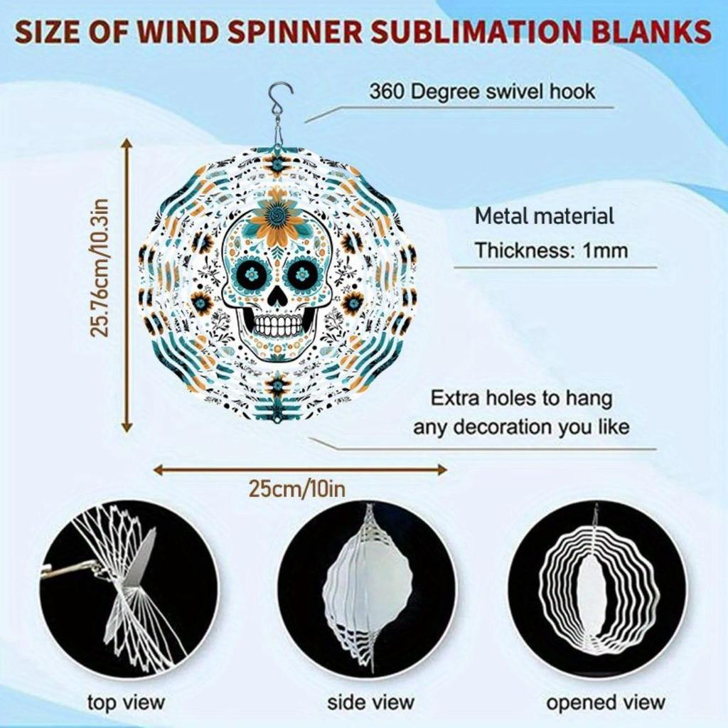 Metal Wind Spinner Chime Outdoor Hanging Garden Decor with Floral Skull Design Perfect for Halloween Christmas Thanksgiving Blue Green