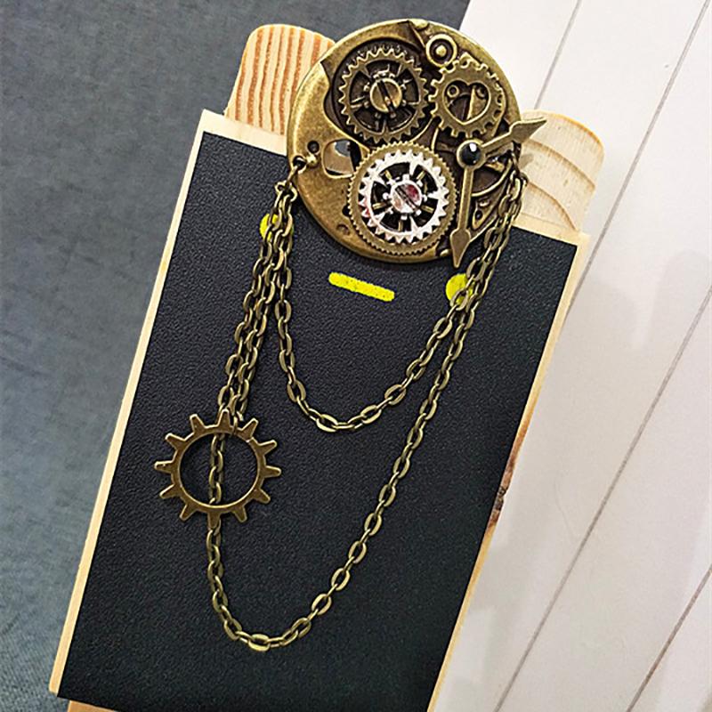 Retro Steampunk Gear Brooches Gear Tassel Chain Lapel Pins Men Shirt Suit Badge Jewelry Accessories