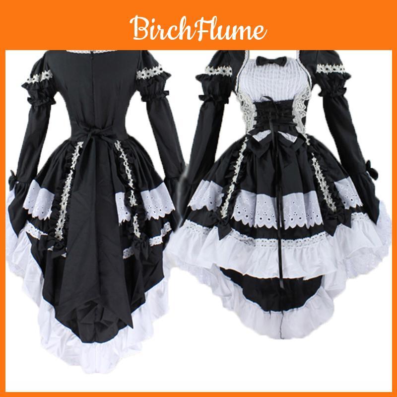 Elegante Vestito da Serva Principessa Lolita da Donna con Maniche a Sbuffo Arricciate e Decorazioni in Pizzo