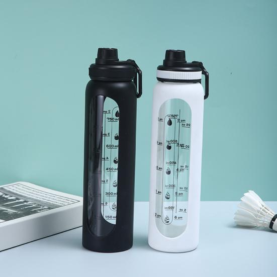 Glaswasserflasche mit Silikonhülle Zeitmarkierung 1000ml Auslaufsicher Borosilikat Wasserbecher für Sport Fitness Büro BPA-frei Getränke Geschenkidee