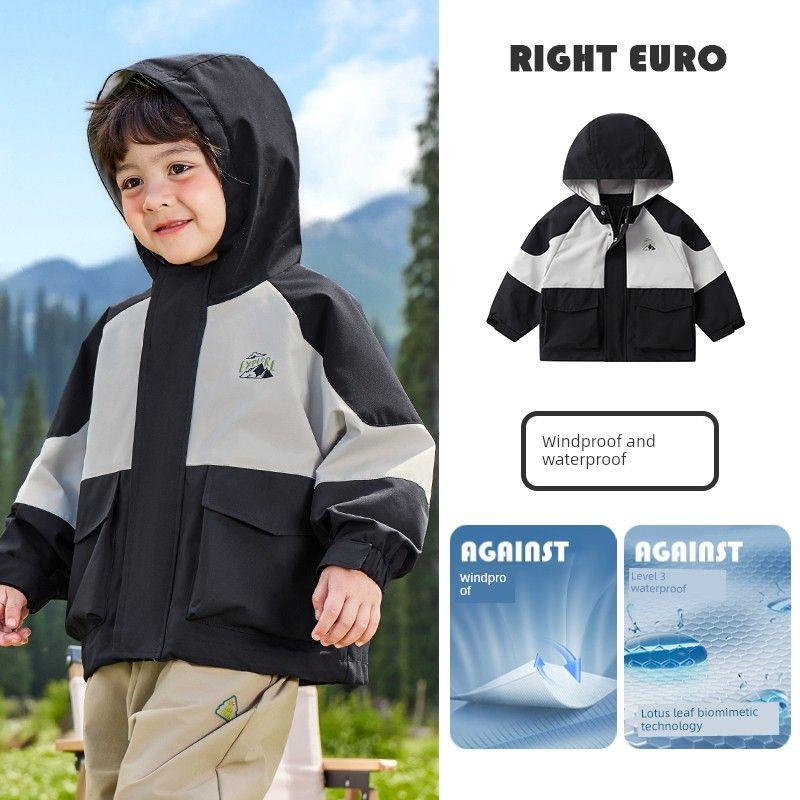 Right European Style Boys Workwear Jacket, Spring and Autumn 2026 New Model, Children s Clothing, Toddler and Baby Spring and Autumn Top Black and Gray Color Matching 140cm