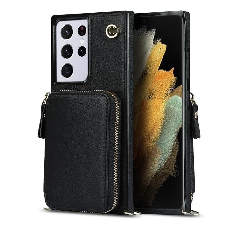 

For Samsung Galaxy S21 Ultra 5G Cell Phone Case TPU+PU Wallet Cover with Long Strap