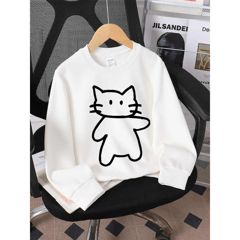 European sizes Kids Crewneck Sweatshirt - White Cat Outline on Black Background , Sportswear And Casual Wear, Soft And Comfortable 110 белый