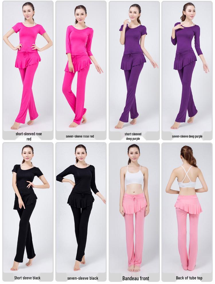 Women's Modal Yoga Set: Short Sleeve Top & Ruffle Hem Skirt with Chest Pad.