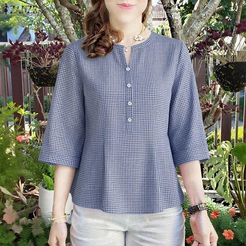 ZANZEA Women Grid Print Casual V-Neck 3/4 Sleeve Loose Blouse M синий