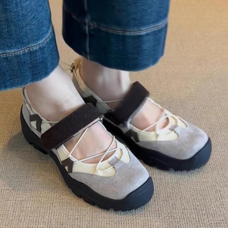 Thick-soled Sports Velcro Shoes for Women, Retro Soft Leather, Versatile Single Shoes
