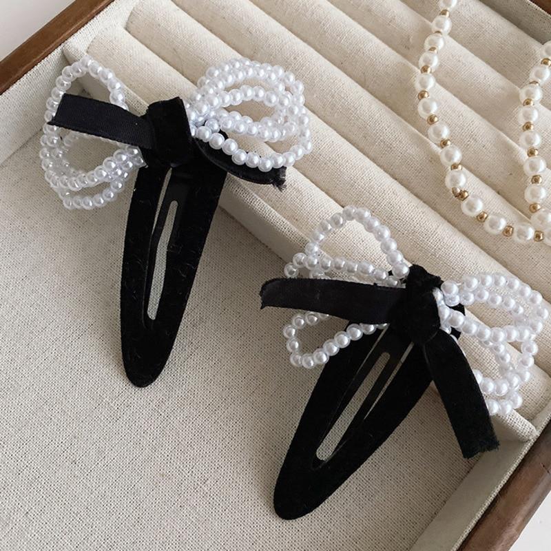 Retro Velvet Hair Clips For Women Vintage Imitation Pearl Bow Hairpins Side Clip Girls Black Barrettes Hair Accessories Headwear