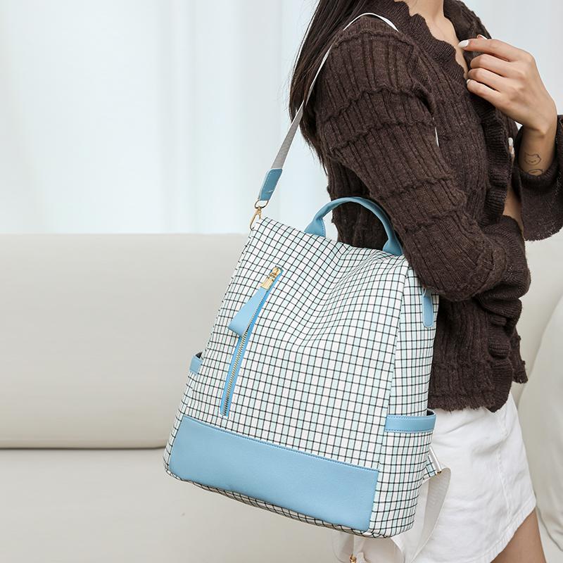 Rucsac antifurt pentru femei Geantă de umăr multifuncțională în carouri Rucsac de călătorie cu trei scopuri