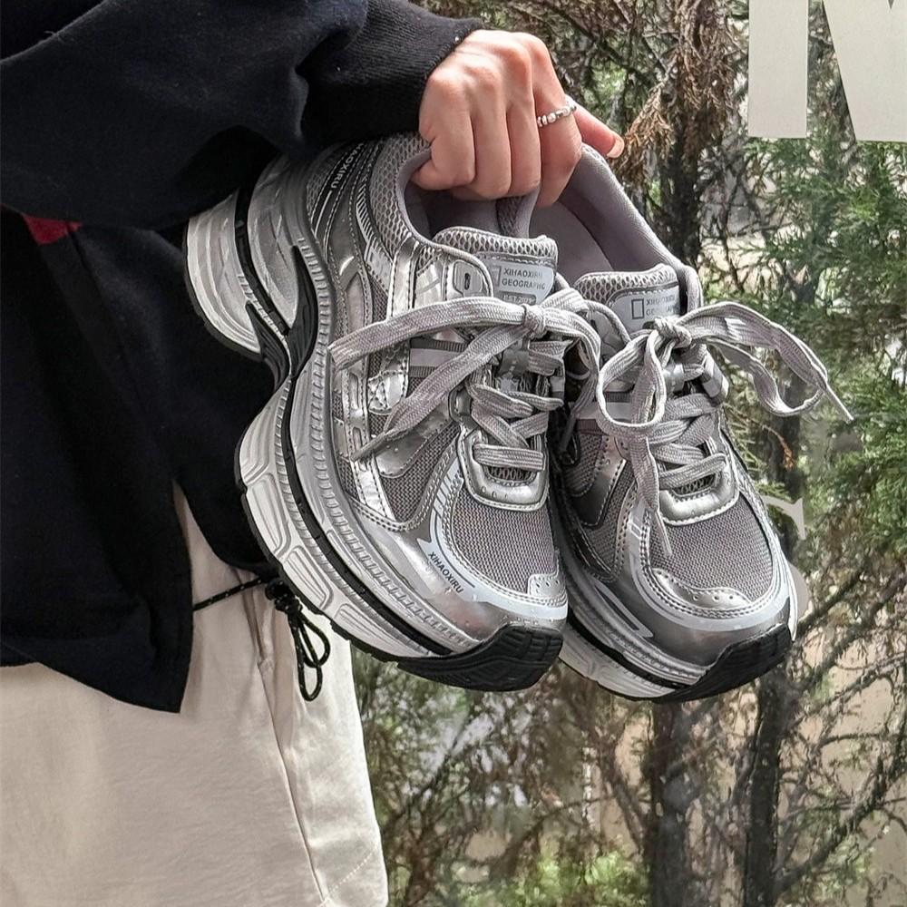 thick-soled leather dad shoes women's autumn new casual sports shoes small height increase color matching mesh breathable