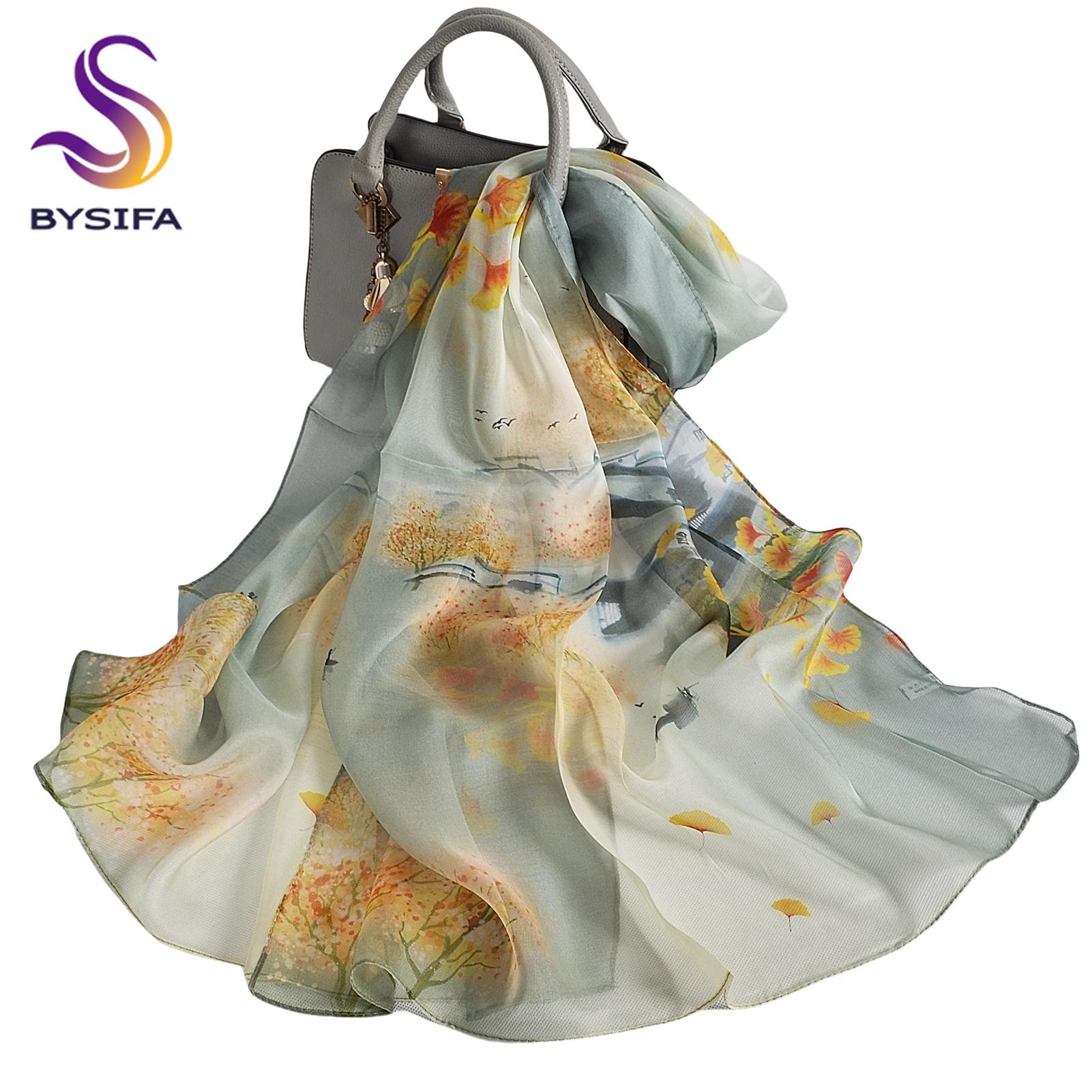 

[BYSIFA] Khaki 100% Silk Chiffon Scarf Female Brand Floral Plaid Design Long Scarves Beach Shawls Fall Winter Women Neck Scarves