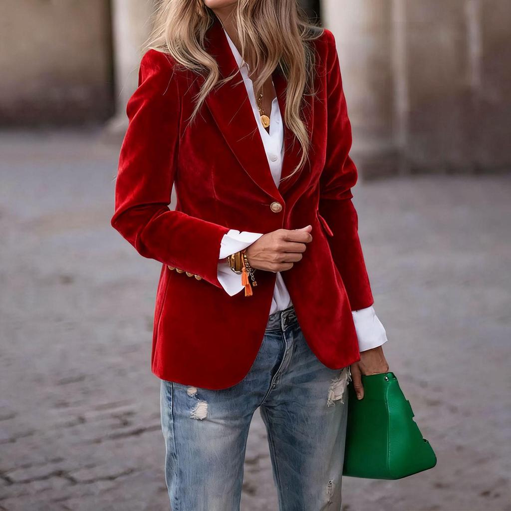 Blazer Elegante de Veludo Slim Fit com Bolsos Falsos - Estilo Europeu e Americano 2025