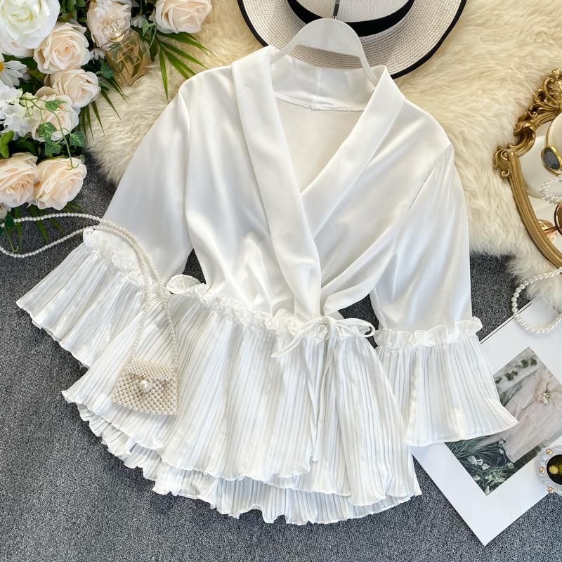 Wiosenno-jesienna bluzka damska z dekoltem w kształcie litery V, siedmiopunktowy, rozszerzany rękaw, wiązanie w talii cienki, plisowany, marszczony, jednoczęściowy top koszulowy