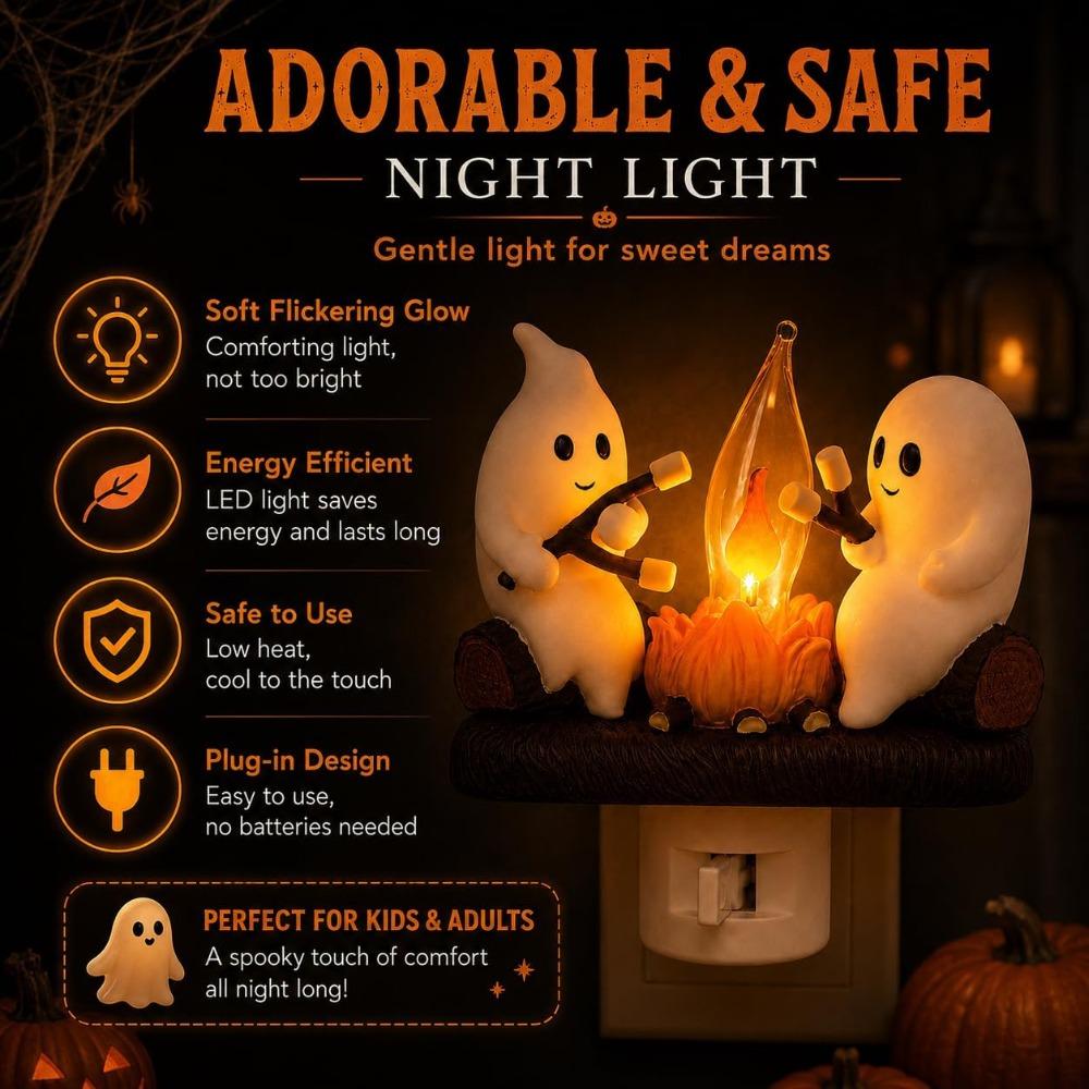 Ghost Campfire Night Light, Plug-in Wall Flickering Flame Nightlight, Halloween 3D Cute Spooky Marshmallow Ghost Decoration for Bedroom