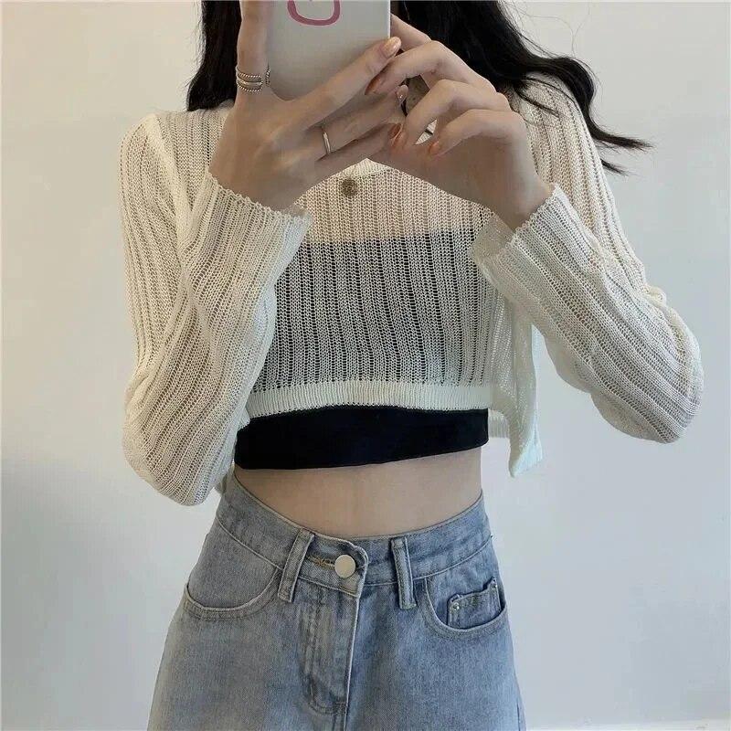 Long Sleeved Hollow Knit Sunscreen Blouse Slim Thin Pullover Women's Crop Top Simple Casual Commuting Spring Summer