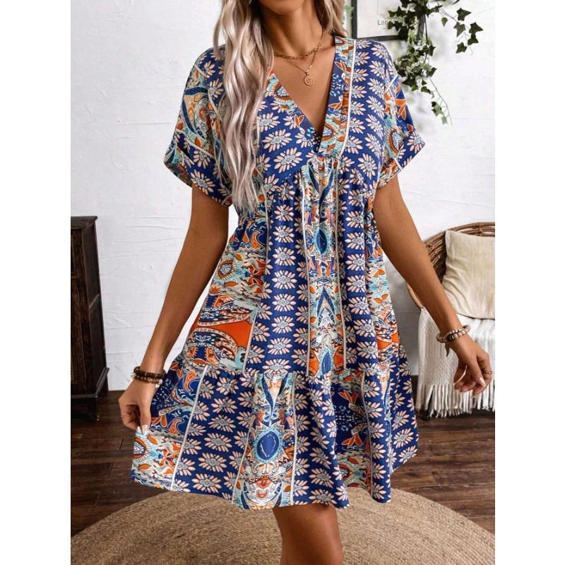 Women's Vintage Floral Print V-neck High-waisted Batsleeve Holiday Dress