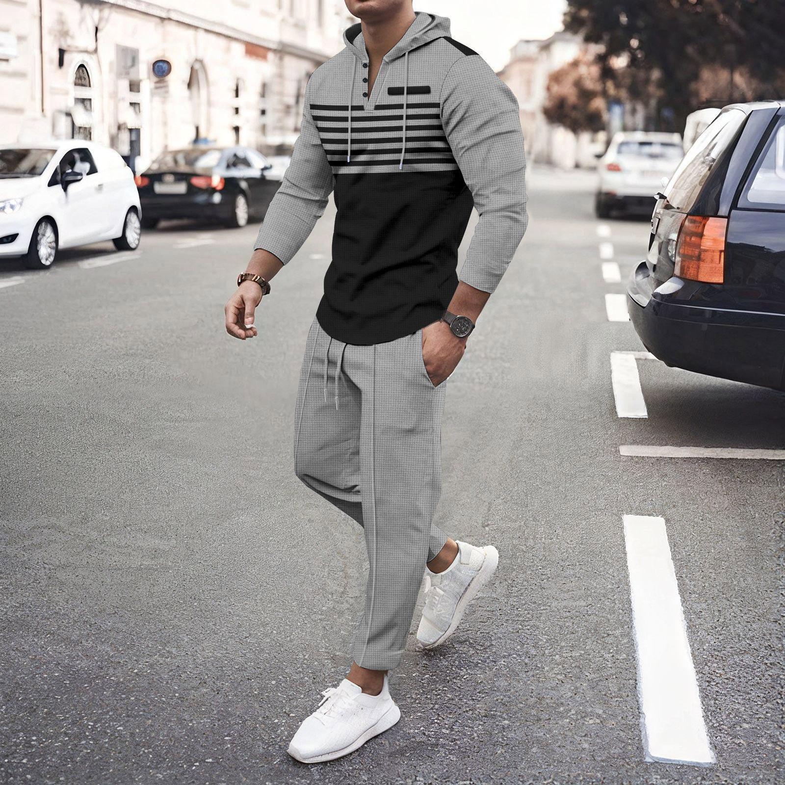 

Men s Casual Long Sleeve Pants Suit Outdoor Sports Hooded Striped Long Sleeve Pants Suit XXXL