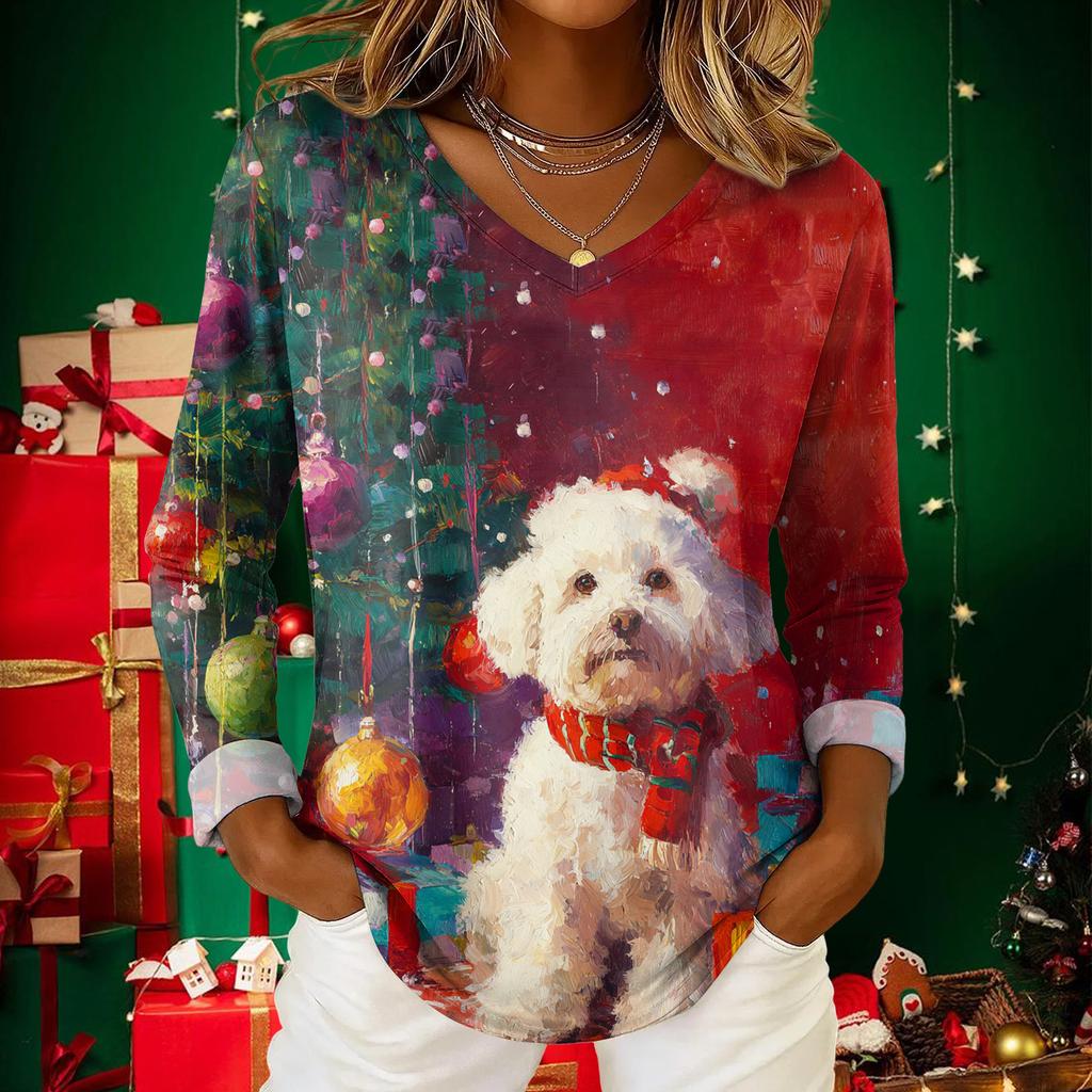 Women's Christmas Print Casual V-Neck Long Sleeve Top