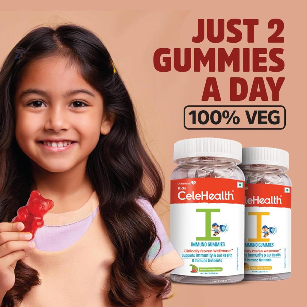 Dr. Reddy's Kids CeleHealth Immunity Gummies with Wellmune, Vitamin C & Zinc, Pink Guava Flavour, 30 Gummies Pack