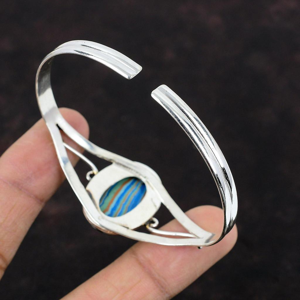 Bracelet de manchette Rainbow Calsilica 925 Bracelet en argent sterling Bijoux en pierres précieuses Bracelet réglable Bracelet de manchette fait à la main Bijoux uniques pour cadeau
