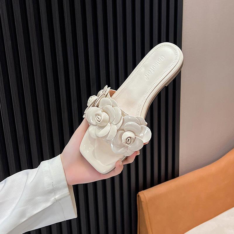 Fashion designer camellia slippers women black white mixed color slides shoes ladies flower decoration flip flops floral sandalias mujer