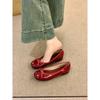 French Round Head Patent Leather Single Shoes Women's 2025 Summer New Bow with Skirt Flat Bottom Red Evening Shoes Ladyshoes