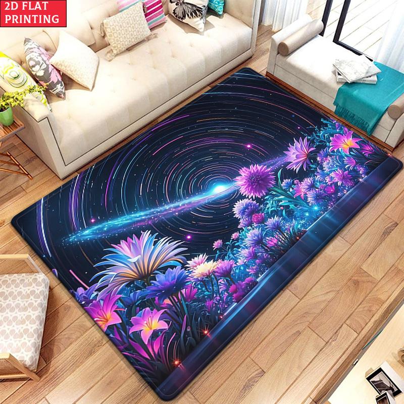 Galaxy Lila Floral Sternenklare Nacht Teppich, Moderner Abstrakter Weltraumteppich für Sofa Couchtisch, Waschbare Heimdeko Matte
