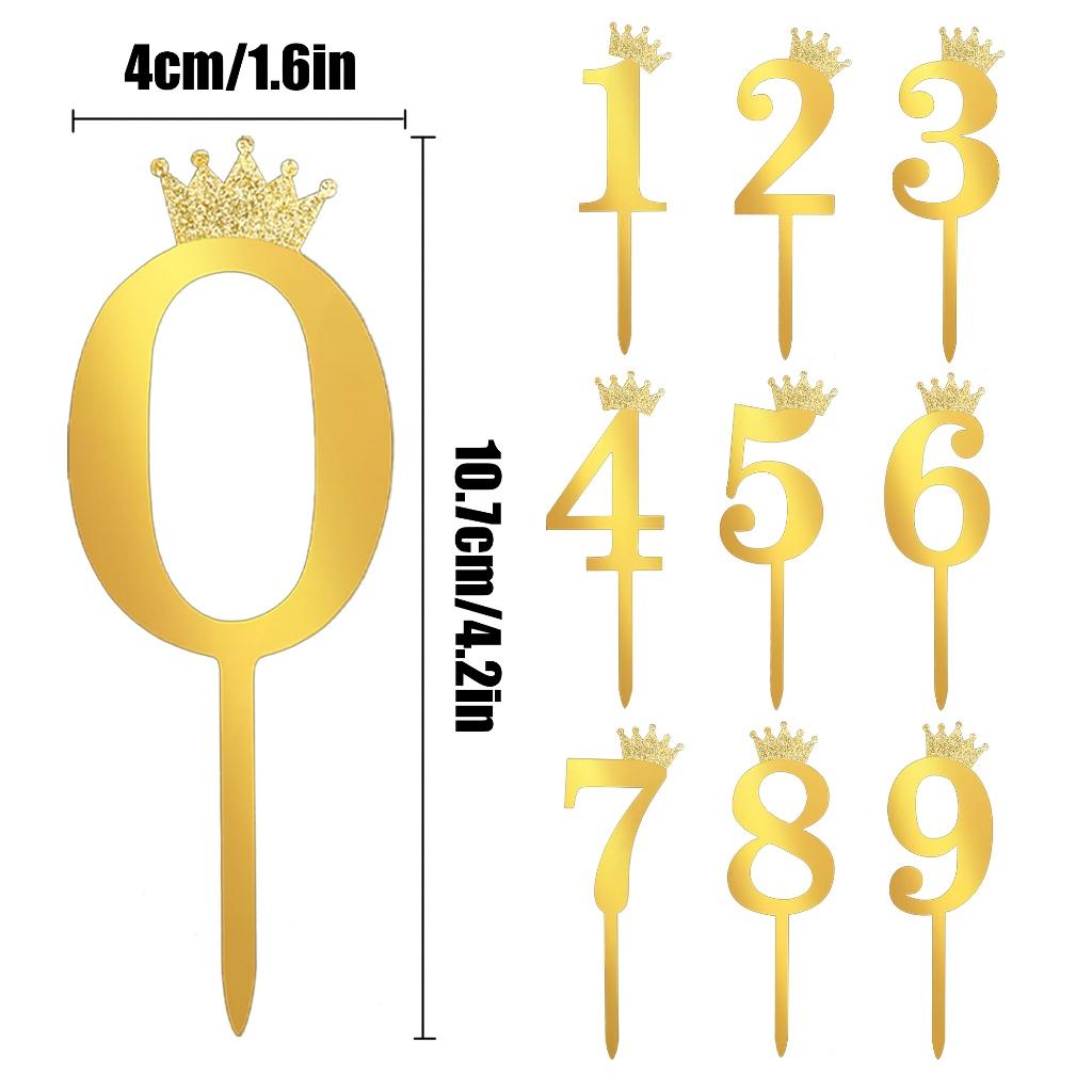 Number Cake Topper Gold Silver Crown Acrylic 0-9 Digital Birthday Party Cake Insert Cake Decoration Wedding Cakes Dessert Decor