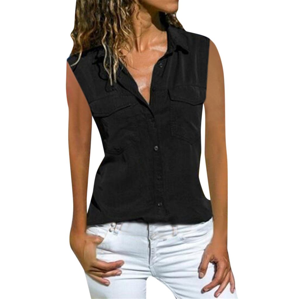 Women Casual Sleeveless Turn Down Collar Pockets Button Front Shirt Tops
