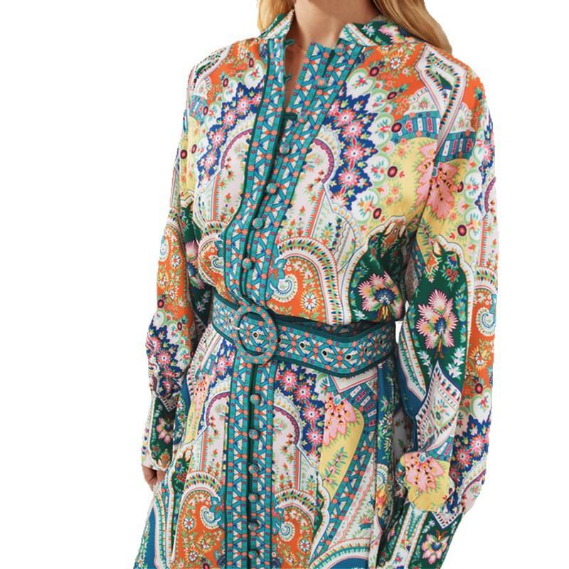 Early Spring Elegant Retro Stand-up Collar Lantern Sleeve Pleated Print Lantern Sleeve Shirt Dress