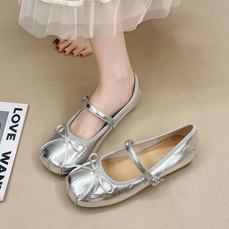 Ballet shoes women's new French one-word with light mouth with skirt single shoes bow flat Mary Jane shoes