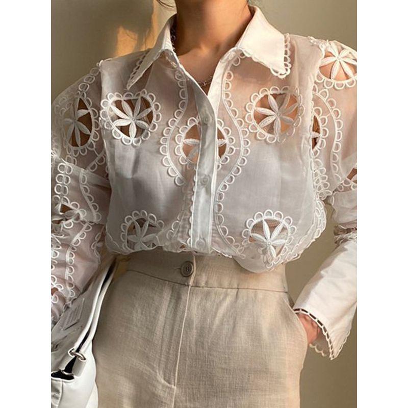 Collar Hollowed out Mesh Pattern Shirt Lapel Hollow out Mesh Pattern Shirts