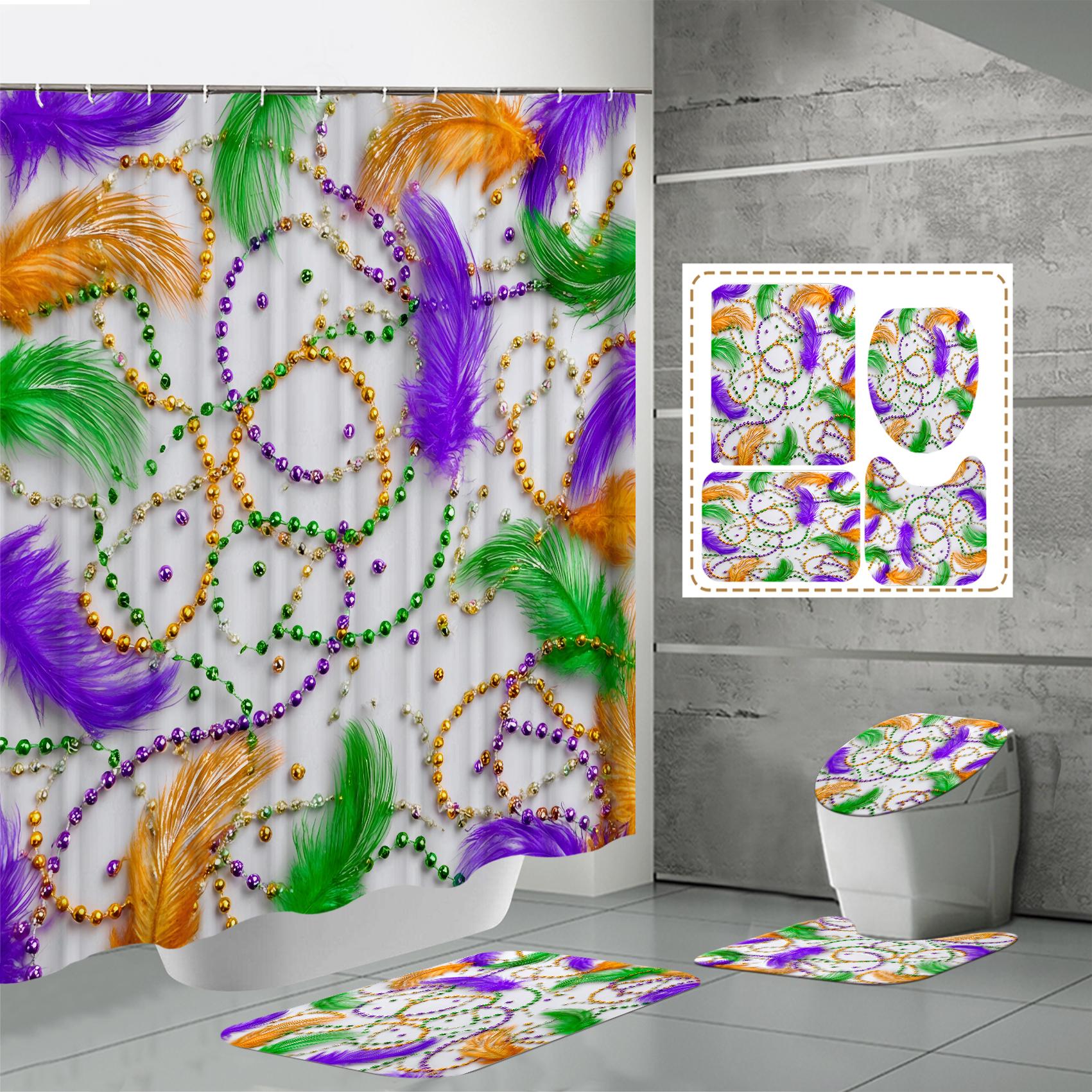 

4 ШТ. Наборы штор для душа со шторкой для душа и ковриками, коврик для крышки унитаза, U-образный коврик и коврик для ванной, набор для ванной комнаты с 12 крючками One Size